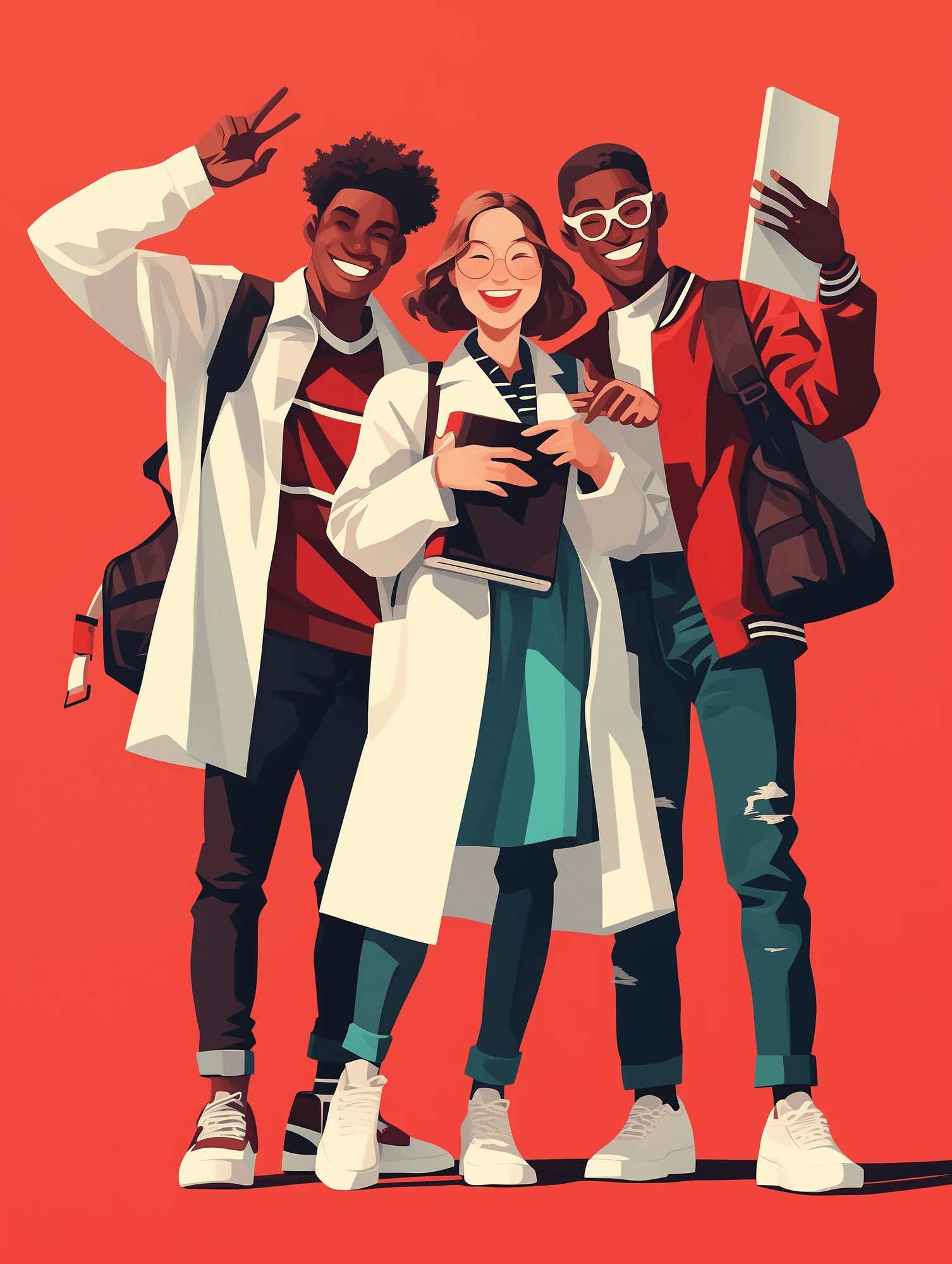 Three smiling students standing together with books