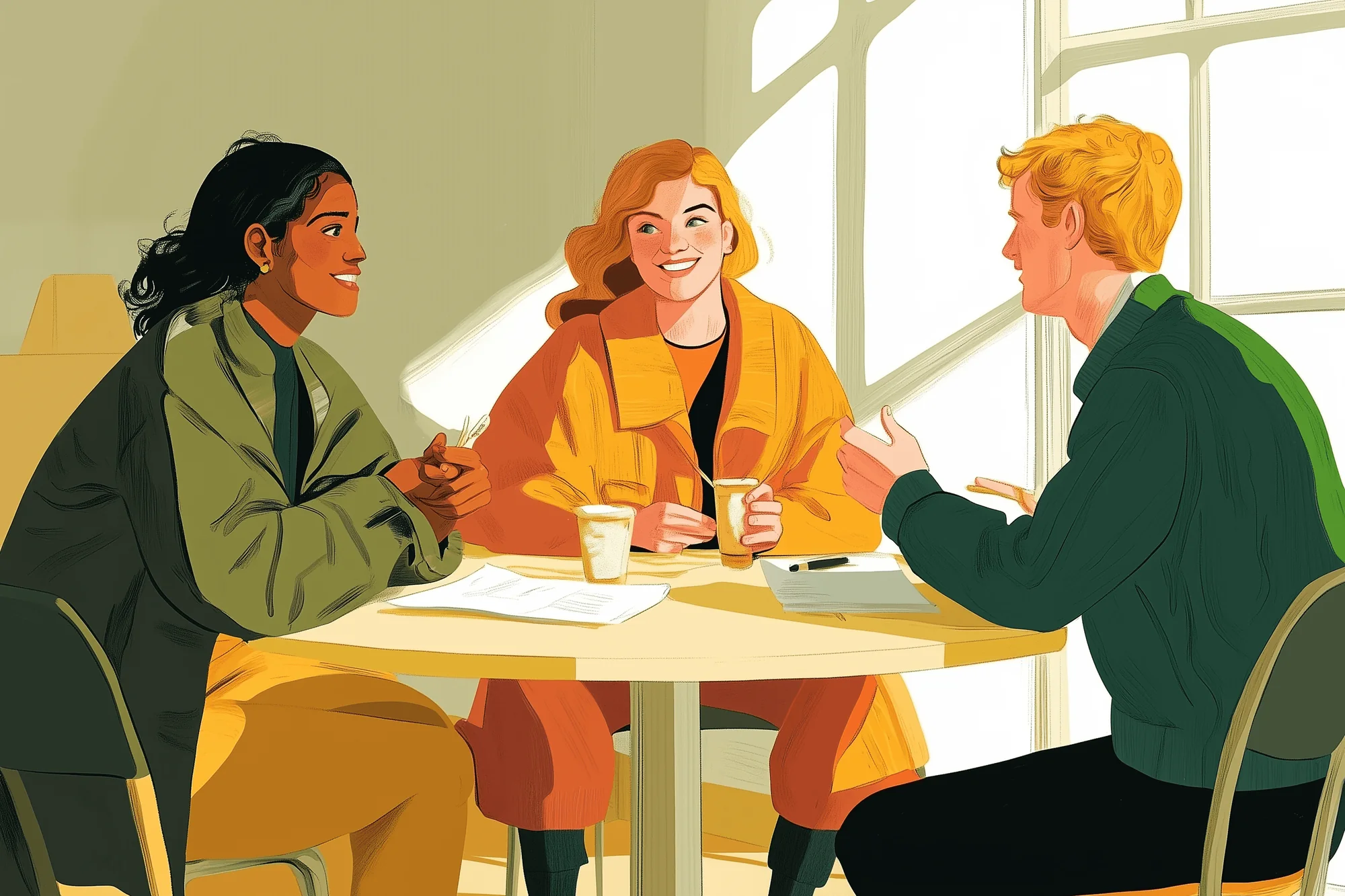 Three people talking together over drinks at a table