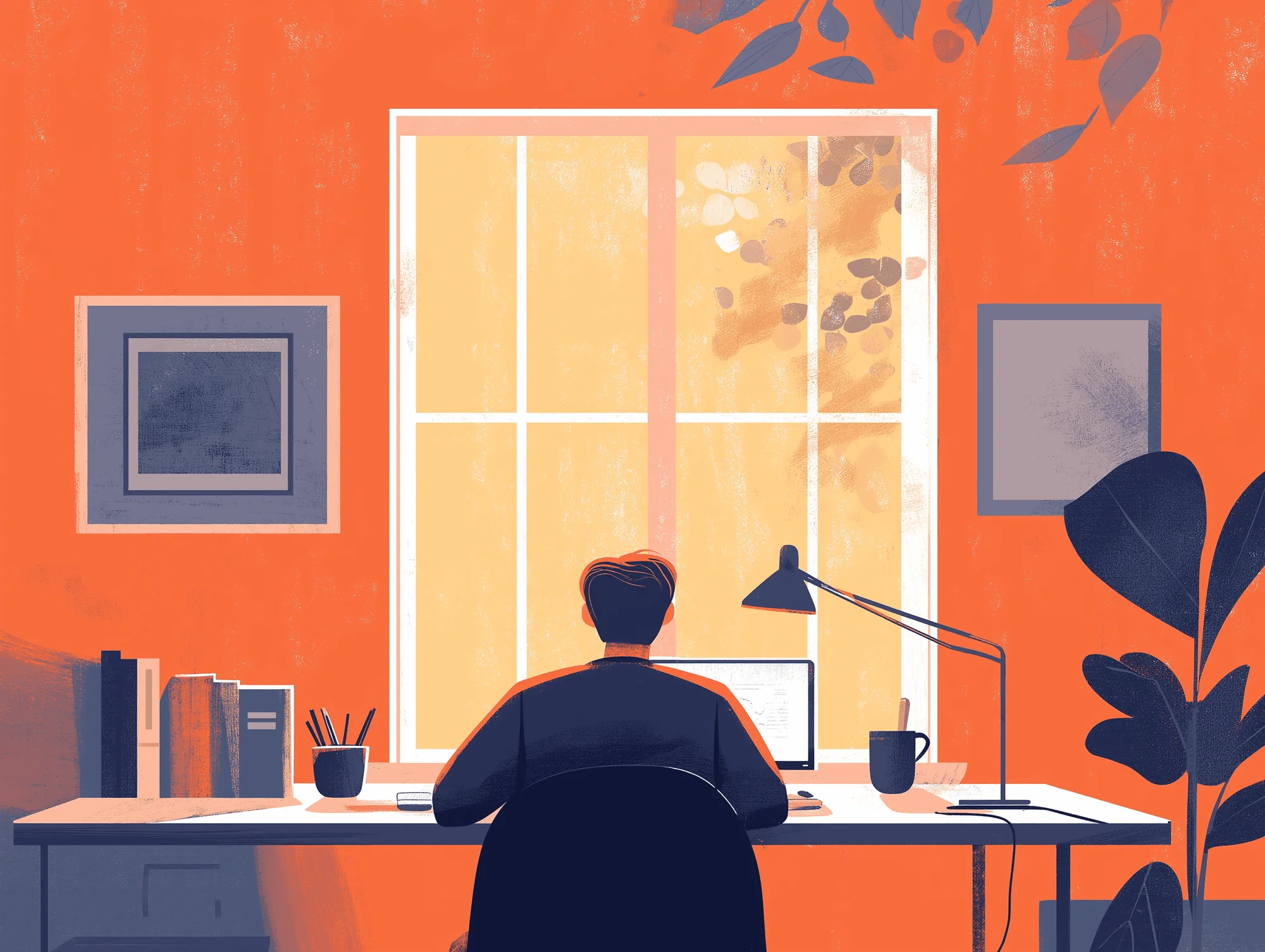 Person working at a desk by a bright window in an orange room
