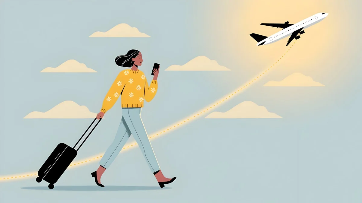 Traveler pulling a suitcase while an airplane takes off