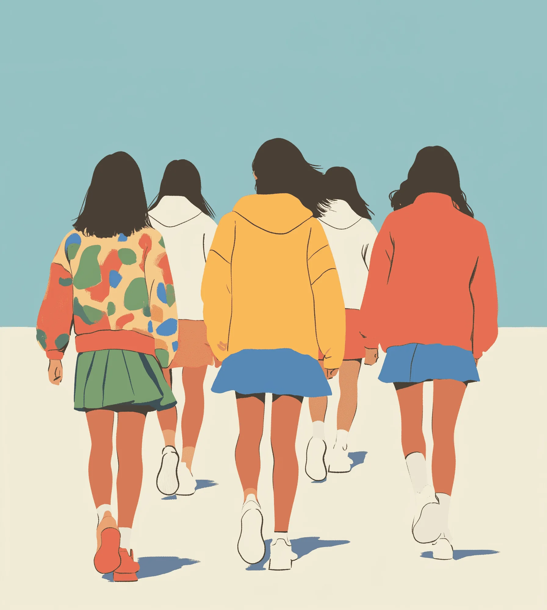 Five friends walking together, illustrated from behind