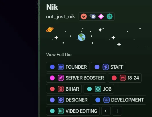 Discord profile showing Nik’s community roles and interests